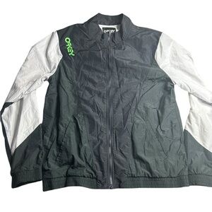 Oakley Windbreaker Jacket Men’s Large Black White Neon‎ Green Logo Custom Fit